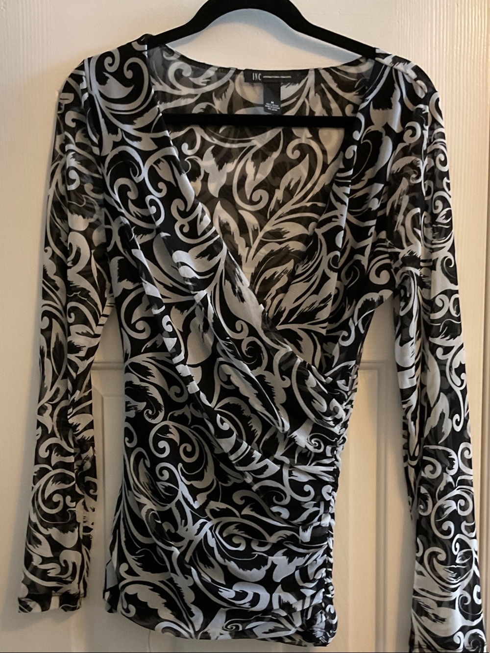 INC International Concepts Black and White Swirl Print Wrap Blouse, M